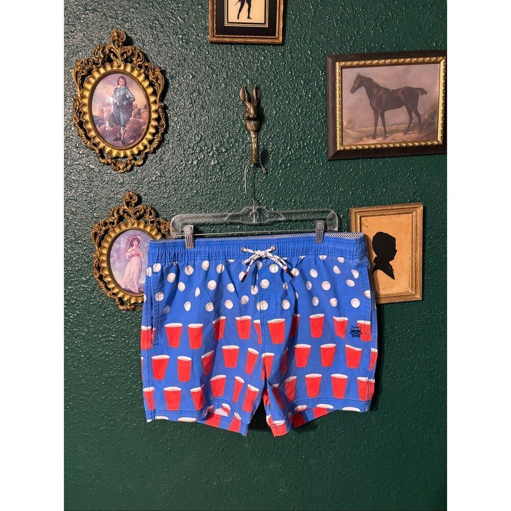 Party Pants Beer Pong Shorts Blue Red Cup Print Size X-Large Funny Swim Trunks
